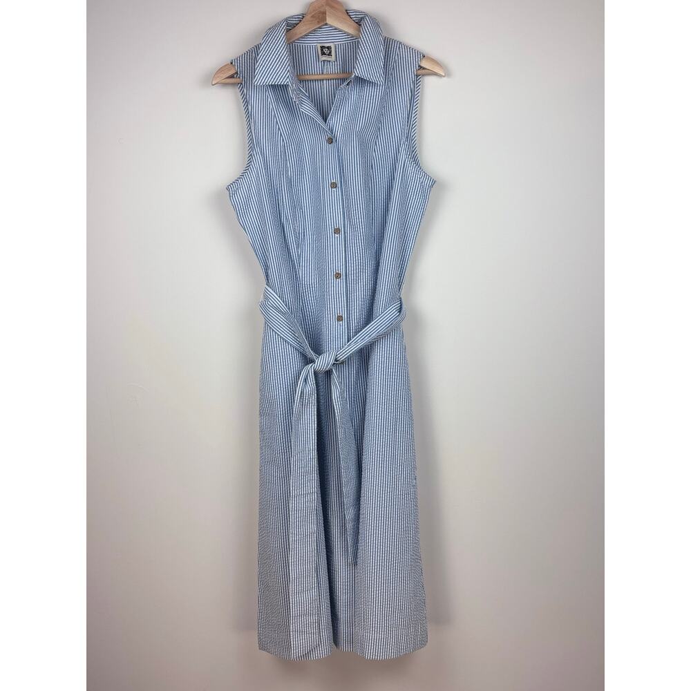 👗 Anne Klein | Seersucker Midi Shirtdress | No Tag ~Size 8-10 | Blue & White